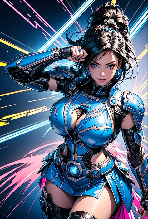 masterpiece, high quality, high resolution, cyber punk, digital painting of a woman with royal blue and black hair, superhero, m...