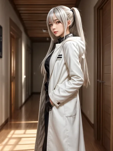 anime girl with long hair and white coat standing in a hallway, girls frontline style, from girls frontline, from arknights, portrait anime space cadet girl, cute anime girl, anime visual of a cute girl, silver hair girl, an anime girl, anime mecha aesthet...