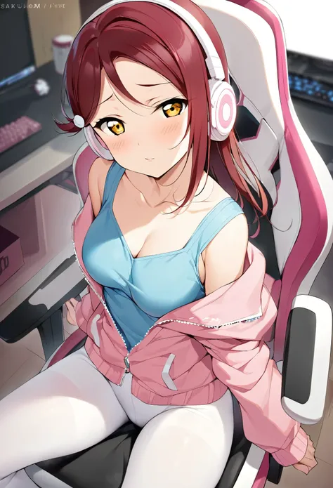 masterpiece, best quality,cowboy shot,collarbone, sakurauchi riko love live, yellow eyes, romantic, white leggings,blue tank top,pink crop jacket, headphones,detailed face,sitting on gaming chair, looking at viewer, breasts, erotic gamer