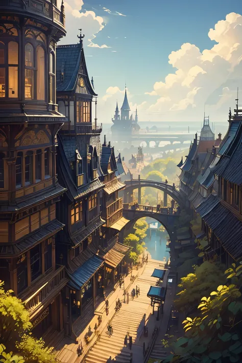 (Highest quality:1.2)。steampunkai。Victorian style、maze-like townscape。the way。aisle。The covered corridor。stage。螺旋stage。tower。river。Stone bridge。The background is blue sky and white clouds。Looking down from the top of the town。