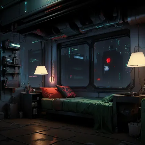 there is a bed with a green cover and a red pillow, cyberpunk bedroom at night, the cyberpunk apartment, cyberpunk teenager bedroom, cyberpunk apartment, dystopian city apartment, cyberpunk childrens bedroom, sci fi engine room living room, in a cyberpunk ...