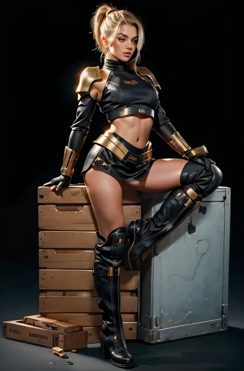 a young blonde girl in a black with gold accent full space armor without a helmet, leaning against a ammo crate one of her leg i...