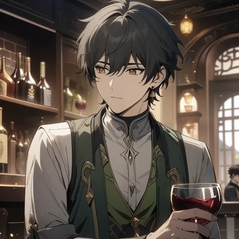 rover from wuthering waves, 1boy, drinking wine, black hair, souma shiki hair, gold eyes, handsome face, green waistcoat, waistc...