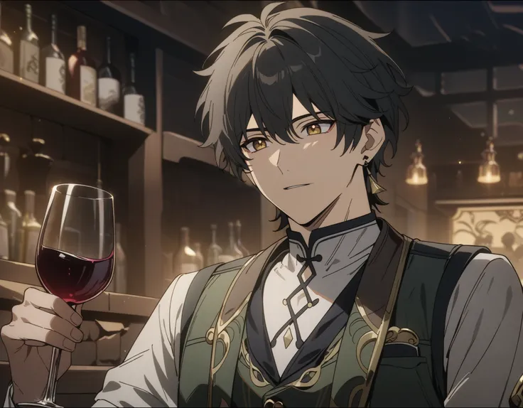 rover from wuthering waves, 1boy, drinking wine, black hair, souma shiki hair, gold eyes, handsome face, green waistcoat, waistc...