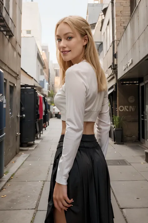 Blonde hair, blonde girl, straight nose, small nose, makeup, lipstick, toothful grin, smiling, smile.
back shot, from below, standing and looking at the viewer, outdoor background, acmm ls outfit, wearing acmm top, acmm top, long sleeves, wearing acmm l...