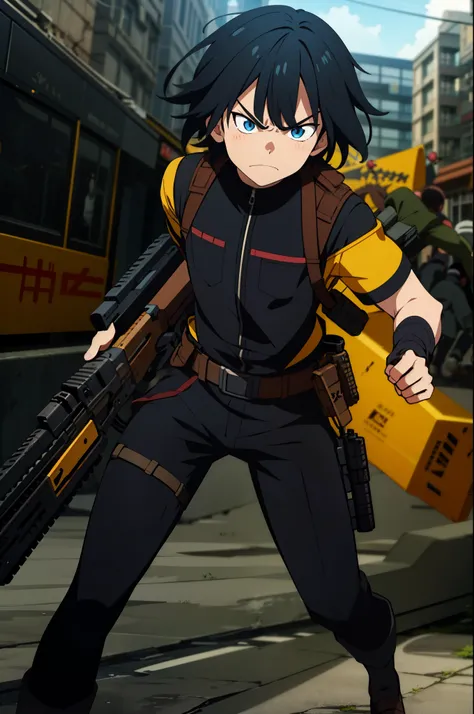 1 boy, black hair, angry boy, angry face, super serious face, closed mouth,single shot, zoom camera, grenades , lots of guns, bombs, weapons, rifles, mines, land of wars
, anime_coloring,anime_keyvisual, colorful,vivid