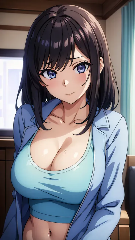 (((masterpiece))),fuyumi itadori, Anime girl characters, 1girl, solo, looking at viewer, medium hair long sleeves, cleavage, bigger breasts, closed mouth, collarbone, jacket, open clothes, open jacket, blue jacket, ground vehicle, sports bra, tall girl, ho...