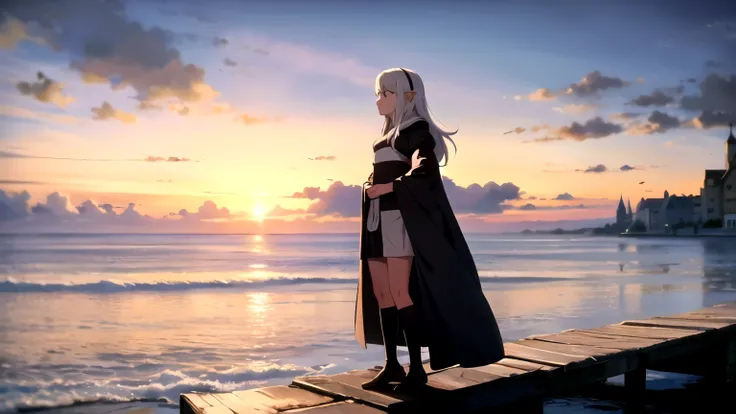 elf girl with white hair, standing on medieval ship facing the beach, wearing headphone, sunset view, wearing medieval dress, medieval town.