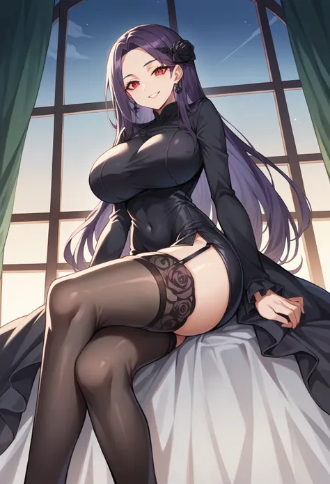 (masterpiece:1.2, Highest quality),(Anime Style),Visible from the knees to the head, 20-year-old woman,Villain,smile,Red Eyes,Dark purple hair,Forehead is visible,Long Hair,Very large breasts,Breasts bigger than face,Black rose hair ornament,Black tight sl...