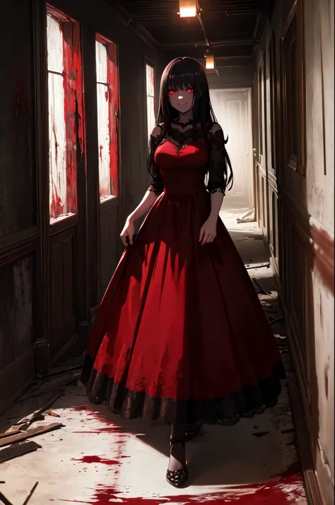 (High quality, High resolution, Fine details), night, (dark horror:1.2), (Dark corridor of an abandoned house), Blood Red Dress, Standing in the distance, solo, women, glowing red eyes, (Detailed eyes:1.2), grin, Full body image, (Dark tones:1.2), (Dark at...