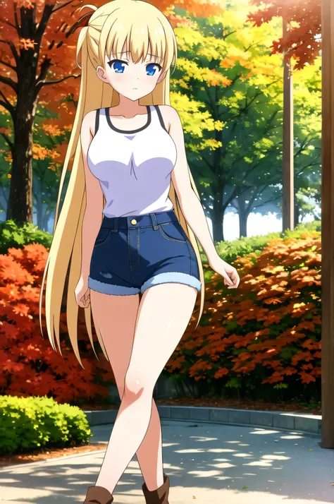 (masterpiece, Best Quality:1.2), absurdities, perfect anatomy, 1 girl, looking at the viewer, blunt bangs, outdoor, autumn, rosa , ( Denim shorts:1.1), Focus only, Soft lighting, public park, (blue eyes), blonde hair, very long hair, Airi Akizuki, medium b...