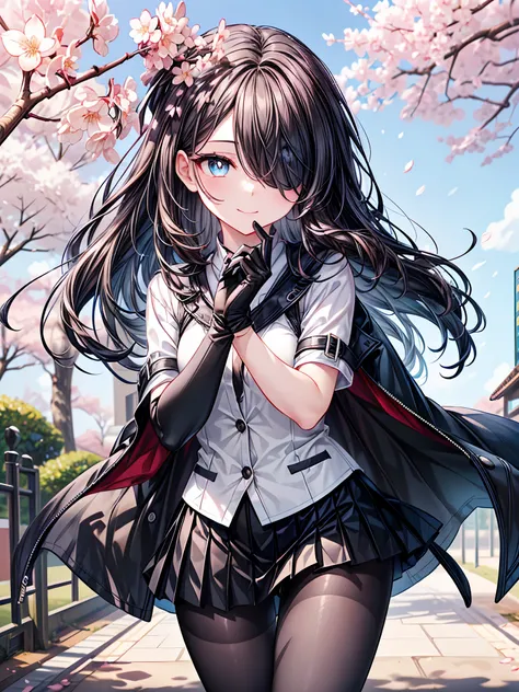 ((Oriental Project)),((masterpiece)),((Highest quality)),((Fascinating)),((alone)),((Deep blue pupils)),((Beautiful Blue Eyes)),((Wearing a black coat)),((Wearing a black mini skirt,She is wearing black tights under her skirt)),((Slim body)),((length, Shin...