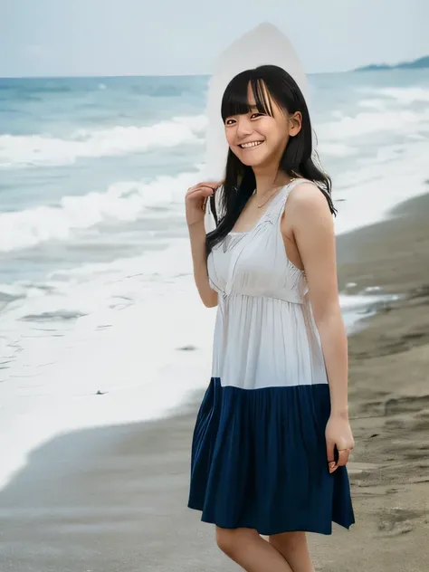 masterpiece,Highest quality(8k),Highest quality,masterpiece:1.2)、(Real、Photorealistic:1.37),Super detailed,A woman looking at the camera on the beach at Enoshima,Wearing a feminine summer dress,barefoot,barefoot,Posing for a photo,Distant scenery is blurry