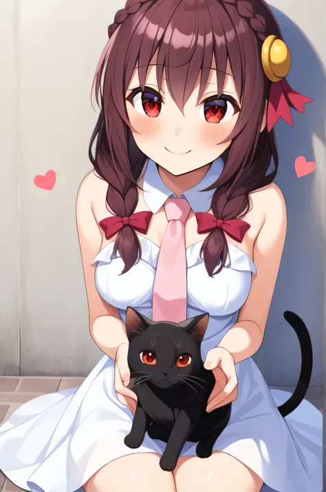 alone, One girl sitting, Yunyun, (smile:1.5)、 (blush:1.5)、Crown braids of the same color as your hair, Red Eyes、hair ornaments, Hair Ribbon, Pink tie, White dress,  alley、(See a black cat and feed it)、heart