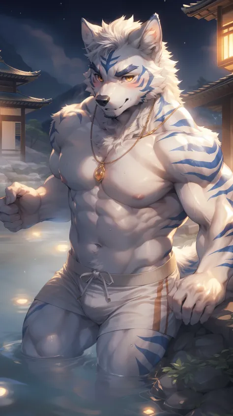 (By Empty Ghost, From thebigslick, By Dark Gem, Will chase), Keyuan Building (Onmyoji Daisenji Temple), High quality photos, Perfect anatomical structure, Anthropomorphic white wolf, male, 20 years old,  (wolf print), Thick eyebrows, short hair, Light blue...