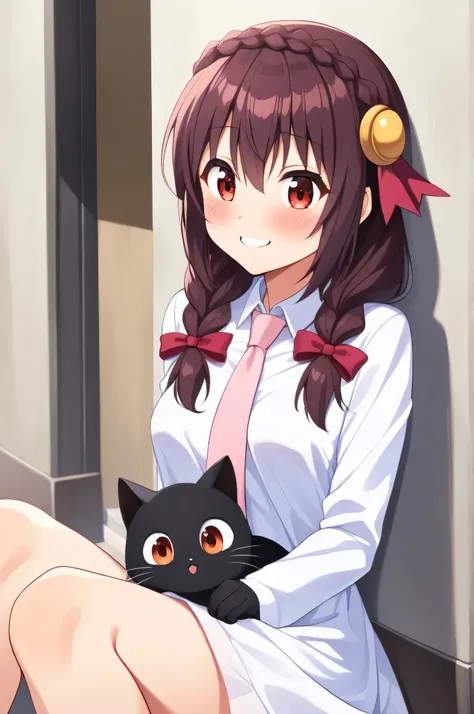 alone, A girl sitting in a sports position, Yunyun, (A slightly surprised smile:1.5)、 (blush:1.5)、Crown braids of the same color as your hair, Red Eyes、hair ornaments, Hair Ribbon, Pink tie, White dress,  alley、(See a black cat and feed it)、heart