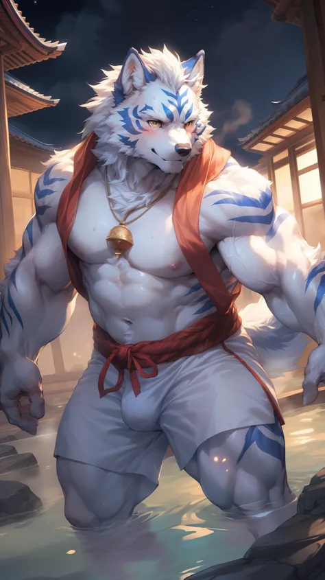 (By Empty Ghost, From thebigslick, By Dark Gem, Will chase), Keyuan Building (Onmyoji Daisenji Temple), High quality photos, Perfect anatomical structure, Anthropomorphic white wolf, male, 20 years old,  (wolf print), Thick eyebrows, short hair, Light blue...