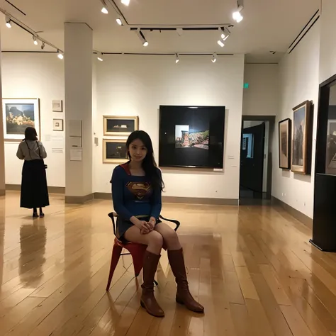 Supergirl is a museum concierge、Museum Curator、Guide to the Museum、Exhibition Explanation、The building houses a collection of Cubist works.、Centre Pompidou、A simple chair is placed at the edge of the showroom, and Supergirl is sitting on it.、