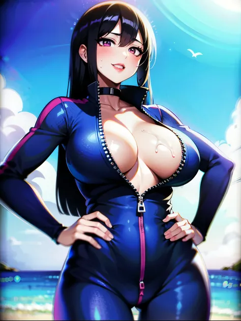 （（super high quality,Ultra-high resolution,4K,8k,super masterpiece,Ultra HD））,Sea in clear skies,Looking up from below,The blazing sun,One Girl,（（Glossy navy blue sweatsuit,Naked in a sweatsuit,（Large collar,Open collar,Tight collar）,A zipper that opens fr...