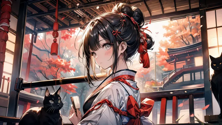 A girl in a kyudo gi (Japanese archery uniform) is drawing a bow at the kyudojo. She has her black hair tied up in a bun. She is a Japanese beauty. A black cat is sleeping as if watching over the girl.