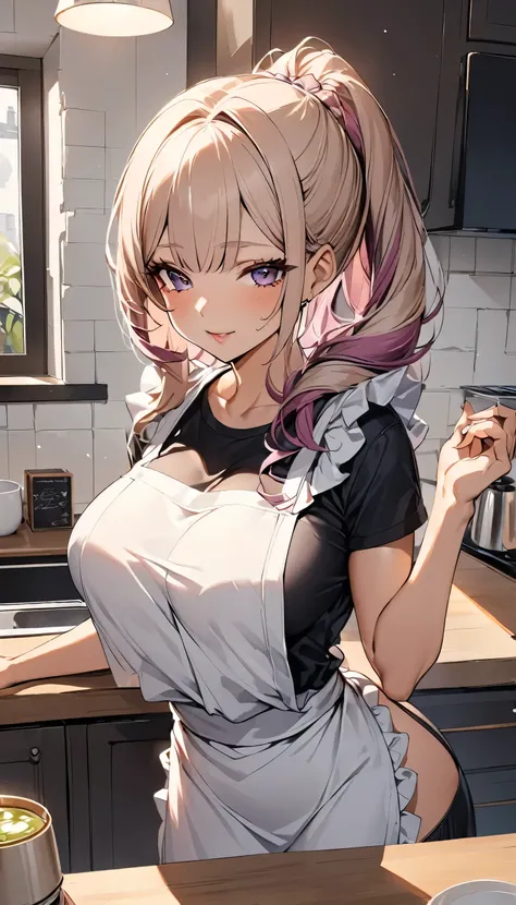 Highest quality、One woman、Full-body portrait of a beautiful woman in an apron、Random sexy poses、knit、Tea-colored hair, half-up style、Straight body type、Natural Lip、Beautiful breasts、Open kitchen