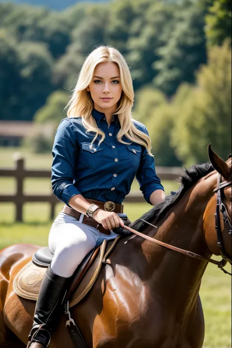 a american women, 24 years old, blonde hair, horse riding outfit, smartwatch am arm, im pferdestall,