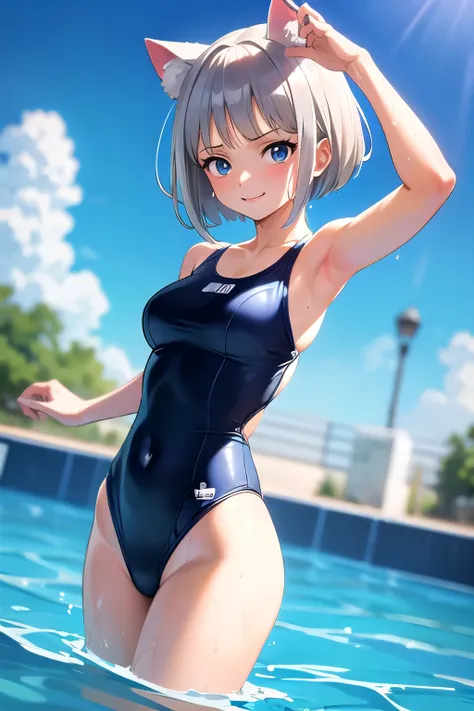 ((One piece swimsuit)), (swimming:1.3), (swim:1.2), (Pose of diving into the pool), (One girl), cute, (Cat ear), ((Gray Hair)), Bobcut, Blue Eyes, noon, Outdoor, Cowboy Shot, ((Highest quality)), ((masterpiece)), (detailed), Perfect Face, Perfect Arms, Per...