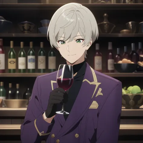 wise from zenless zone zero, 1boy, drinking wine, light grey hair, souma shiki hair, dark green eyes, front view, shoulder length hair, bowl cut hair , handsome face, purple suit, black gloves, bar background, upper body, decorative, masterpiece, high qual...