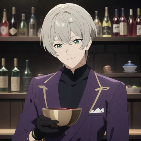 wise from zenless zone zero, 1boy, drinking wine, light grey hair, souma shiki hair, dark green eyes, front view, shoulder length hair, bowl cut hair , handsome face, purple suit, black gloves, bar background, upper body, decorative, masterpiece, high qual...