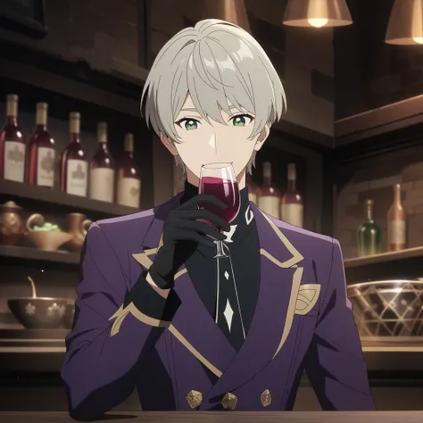 wise from zenless zone zero, 1boy, drinking wine, light grey hair, souma shiki hair, dark green eyes, shoulder length hair, bowl cut hair , handsome face, purple suit, black gloves, bar background, upper body, decorative, masterpiece, high quality, hd, 4k,...