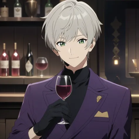 wise from zenless zone zero, 1boy, drinking wine, light grey hair, souma shiki hair, dark green eyes, front view, bowl cut hair , handsome face, purple suit, black gloves, bar background, upper body, decorative, masterpiece, high quality, hd, 4k, upper bod...