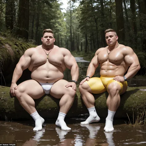 full view full body, 2 different blond European male bodybuilders with undercut cut, extremely bloated and swollen with muscle and fat like two big and fat obese pigs force-fed, their over-inflated muscles resembling buoys, there are a lot of gold rings, b...