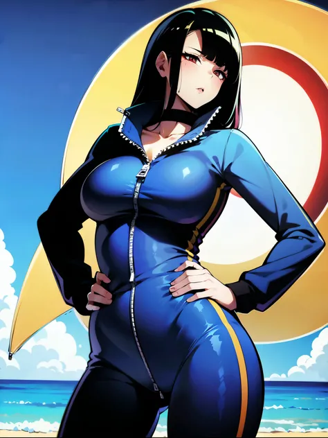 （（super high quality,Ultra-high resolution,4K,8k,super masterpiece,Ultra HD））,Sea in clear skies,Looking up from below,The blazing sun,One Girl,（（Glossy navy blue sweatsuit,Naked in a sweatsuit,（Large collar,Open collar,Tight collar）,A zipper that opens fr...