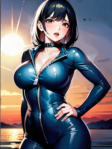 （（super high quality,Ultra-high resolution,4K,8k,super masterpiece,Ultra HD））,Sea in clear skies,Looking up from below,The blazing sun,One Girl,（（Glossy navy blue sweatsuit,Naked in a sweatsuit,（Large collar,Open collar,Tight collar）,A zipper that opens fr...