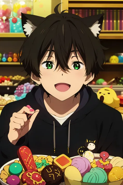 1 boy, brown hair, green eyes, cat hoodie, random cute face, super happy smiling, open mouth, group shot, zoom camera, sweet candy , lots of bubbles, glitters, haerts, chocolate, feathers, land of sweets
, anime_coloring,anime_keyvisual, colorful,vivid