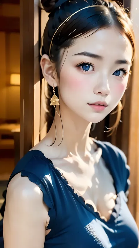 Highest quality、masterpiece、Portrait、Cute Japanese Girl, (Brown Hair), ((Hair Bun)), Perfect Face, An innocent smile, Upper Body,(blue eyes), (small), (thin)、((small胸)), ((Only 16))、 Skin Dentition, Extremely detailed, Attractive oval face, Red lips, Red c...