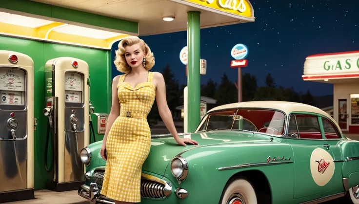  ultra-detailed, photorealistic, A beautiful young blonde woman with vintage 1950s style pinup stands confidently in front of a classic green car at a retro gas station. She wears a form-fitting, yellow gingham dress that accentuates her figure, complement...