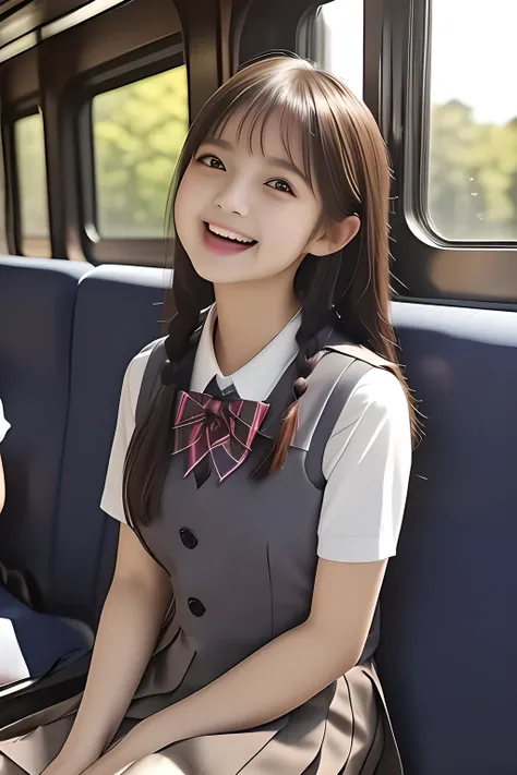 (highest quality, masterpiece, high resolution:1.2), 4K, (Photo quality detailed cute face: 1.4), (Giorgione painting style: 0.8), geometry, (14 yo cute girly Japanese girls are seated and looking ME up in a train: 1.4), (The train seats are made from the...