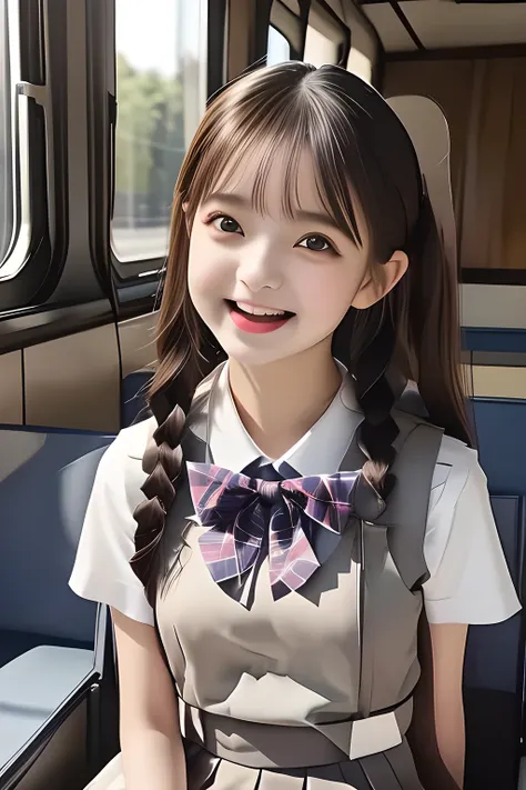 (highest quality, masterpiece, high resolution:1.2), 4K, (Photo quality detailed cute face: 1.4), (Giorgione painting style: 0.8), geometry, (14 yo cute girly Japanese girls are seated and looking ME up in a train: 1.4), (The train seats are made from the ...