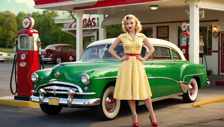  ultra-detailed, photorealistic, A beautiful young blonde woman with vintage 1950s style pinup stands confidently with a classic green car at a retro gas station. She wears a form-fitting, yellow gingham dress that accentuates her figure, complemented by r...