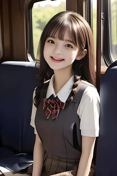 (highest quality, masterpiece, high resolution:1.2), 4K, (Photo quality detailed cute face: 1.4), (Giorgione painting style: 0.8), geometry, (14 yo cute girly Japanese girls are seated and looking ME up in a train: 1.4), (The train seats are made from the ...