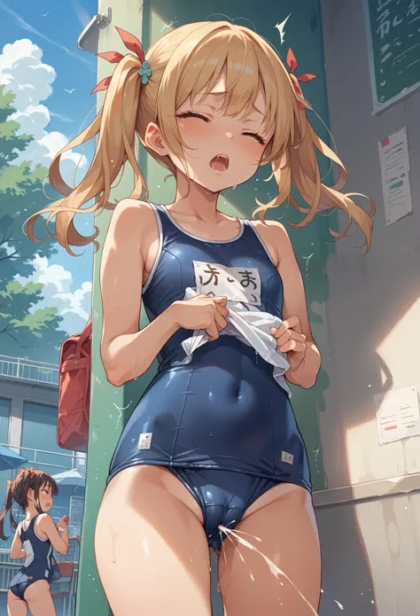 masterpiece, Highest quality, Super detailed,1 girl, School Swimsuit, Browsing Caution, orgasm, Sunburn, Twin tails, 