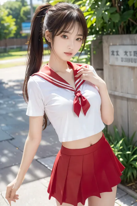 (ultra hd), (red sailor suit, red short skirt), big breasts, slender, narrow waist, (the belly button is visible:0.8), whole bod...