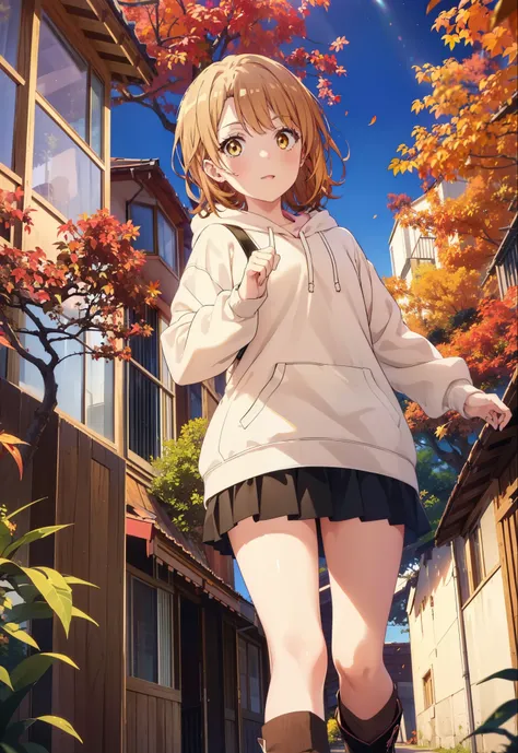 Irohaisshiki, isshiki iroha, short hair, Brown Hair, (Brown eyes:1.5), smile,blush,Open your mouth,Pink oversized hoodie,mini skirt,Black tights short boots,Flower Hair Ornaments,autumn leaves,autumn leavesが散っている,Walking,moonlight,night,whole bodyがイラストに入るよ...