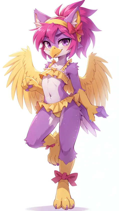 score_9,score_8_up,score_7_up, source_cartoon, source_furry, Furry girl, bird, yellow bird beak, magenta hair, short spiky hairstyle, short spiky ponytail, anime style, small breasts, purple eyes, big eyebrows, purple animal ears, ((yellow ruffled frilly s...