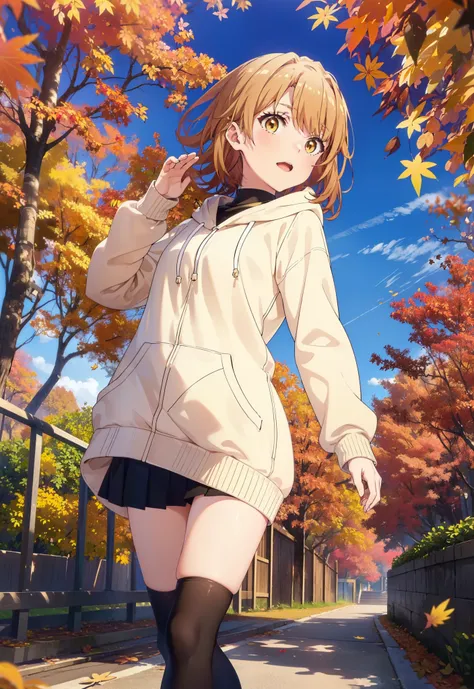 Irohaisshiki, isshiki iroha, short hair, Brown Hair, (Brown eyes:1.5), smile,blush,Open your mouth,Pink oversized hoodie,mini skirt,Black tights short boots,Flower Hair Ornaments,autumn leaves,autumn leavesが散っている,Walking,moonlight,night,whole bodyがイラストに入るよ...