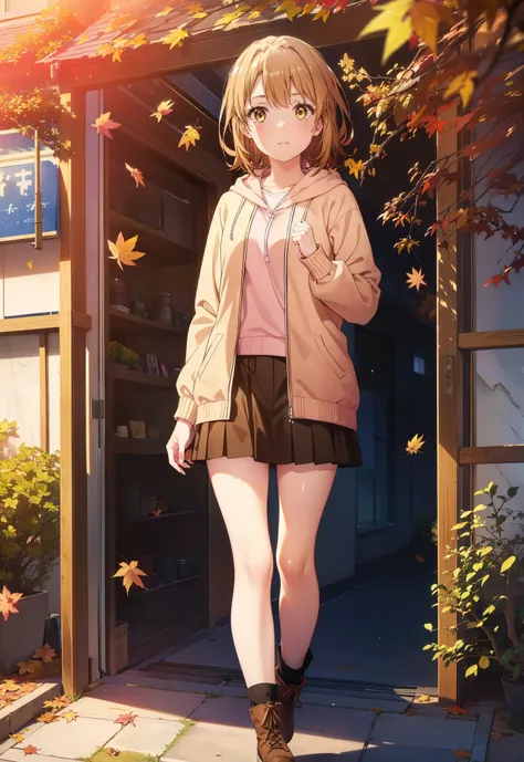 Irohaisshiki, isshiki iroha, short hair, Brown Hair, (Brown eyes:1.5), smile,blush,Open your mouth,Pink oversized hoodie,mini skirt,black tights,short boots,Flower Hair Ornaments,autumn leaves,autumn leavesが散っている,Walking,moonlight,night,whole bodyがイラストに入るよ...