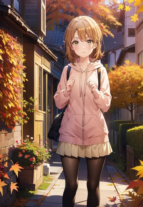 Irohaisshiki, isshiki iroha, short hair, Brown Hair, (Brown eyes:1.5), smile,blush,Open your mouth,Pink oversized hoodie,mini skirt,black tights,short boots,Flower Hair Ornaments,autumn leaves,autumn leavesが散っている,Walking,moonlight,night,whole bodyがイラストに入るよ...