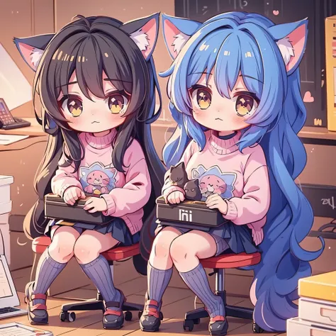 cat-eared anime girl sitting at computer desk，there is a cat on his head, cute anime catgirl, anime girl with cat ears, beautifu...