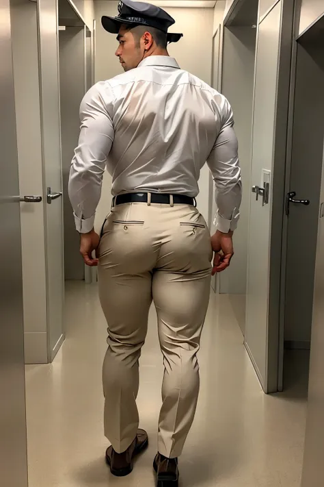 40-year-old boy japanese muscular male in white formal shirt......... wearing police cap, wearing light grey trouser ..............